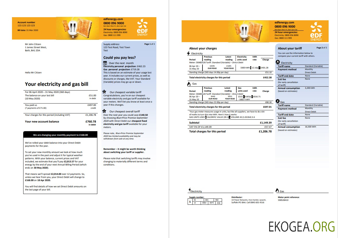 United Kingdom EDF utility bill template in Word and PDF format (3 pages) 1 2